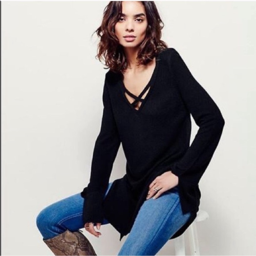 Free People Black Knit Criss Cross Sweater XS